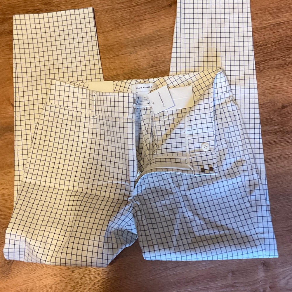 Club Monaco White Trousers with Navy Windowpane Check